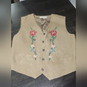 Vintage Banana Republic Linen Floral Embroidered Vest Beaded- Size Medium
